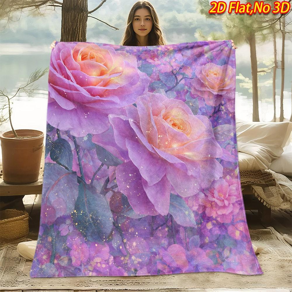 1pc 1pcs Pink-Purple Rose Floral Blanket Suitable for All Seasons, Soft Quilted Throw Bedspread with Roses, Machine Washable 100% Polyester Bedspread