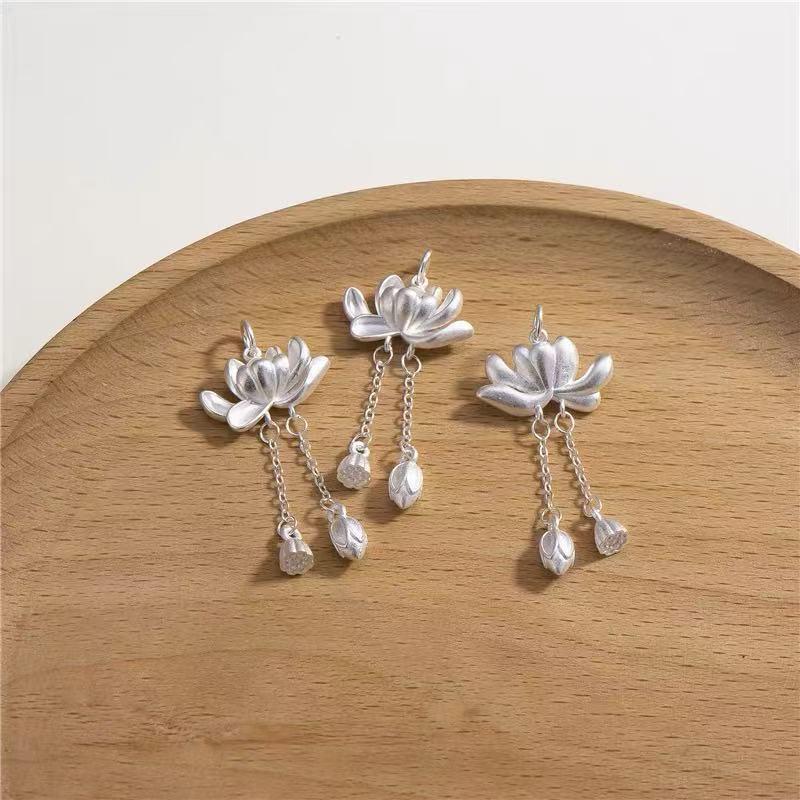 Sterling Silver Lotus Tassel Pendant - Chinese Style DIY Braided Rope Necklace Ornament