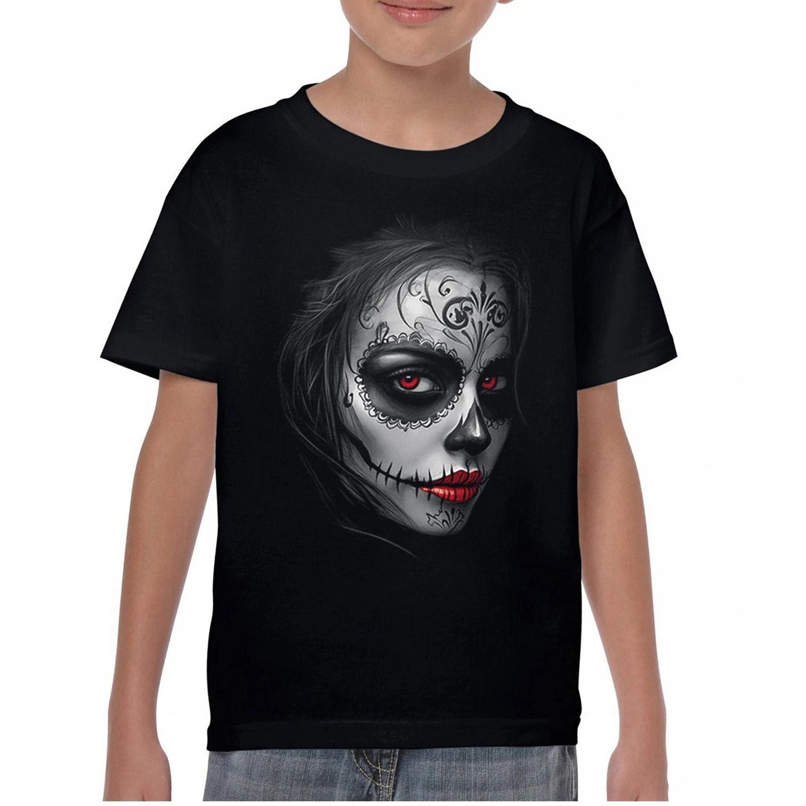 Sugar Skull Portrait Youth kids boys T-Shirt Gothic Beauty Red Lips Day of the Dead Kids 110