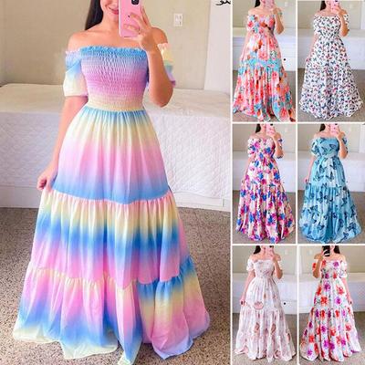 Women One Shoulder Dress Casual Floral Print Long Dress Fashion Wrap Bust Off Shoulder Swing Women Party Dresses