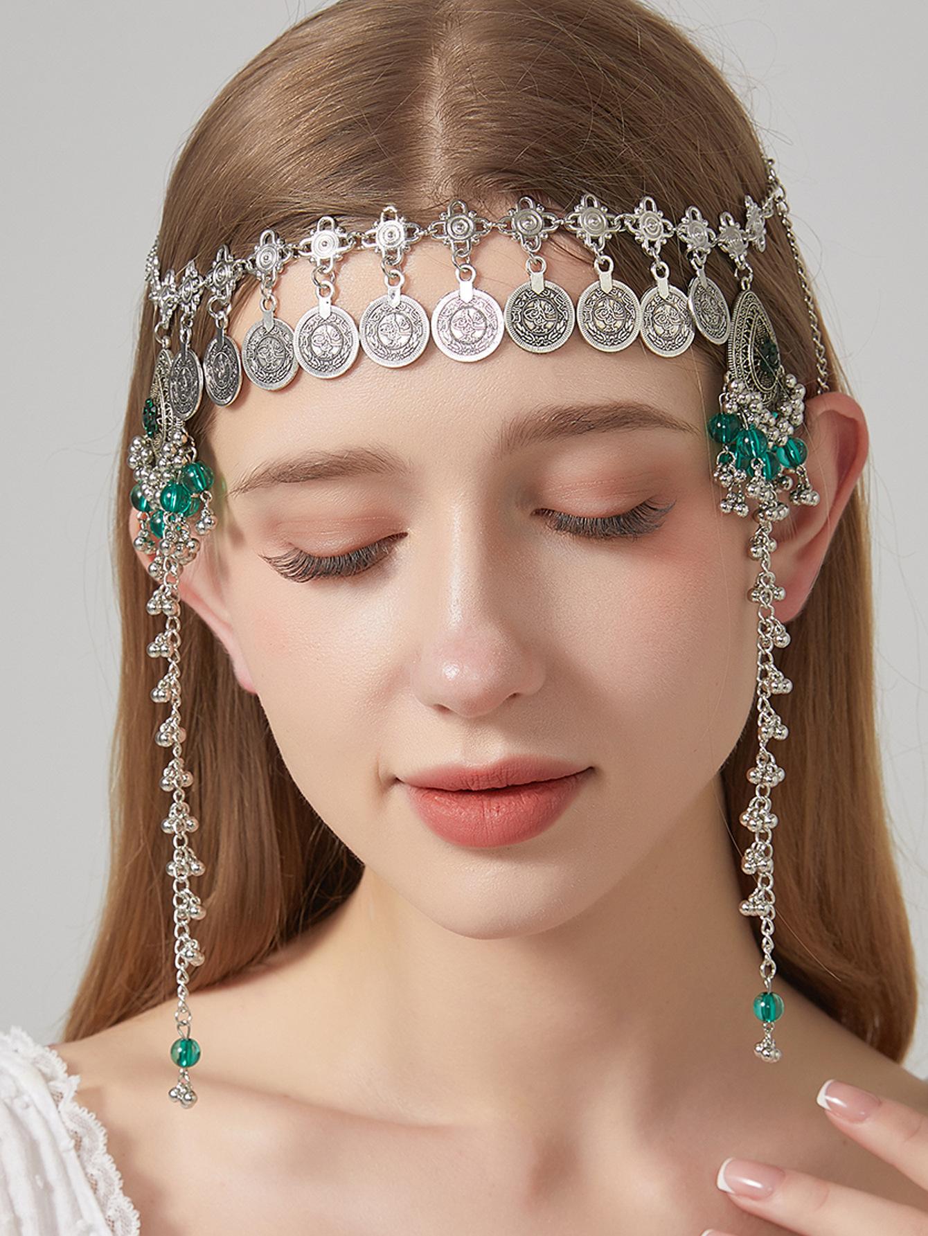 

Retro Tassel Coin Forehead Headband Boho Hair Accessory for Women Unique Personality зелёный