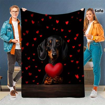 1pc Cozy Retro Dachshund Heart-Themed Print Flannel Blanket – Perfect Multifunctional Gift for Sofa, Bed, Office, or Travel
