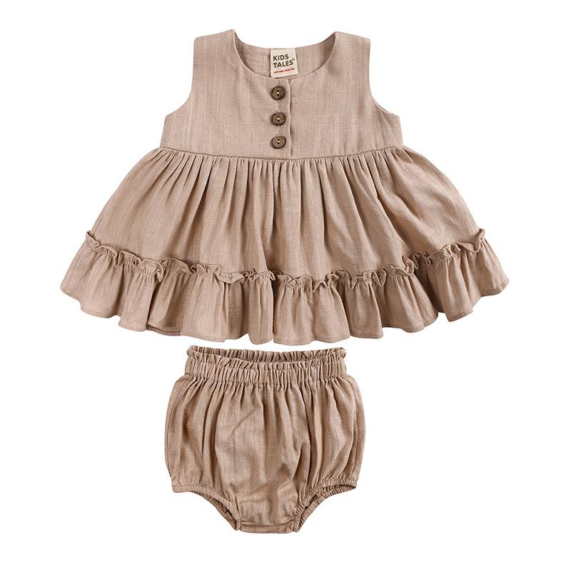 Mädchen Sommer Baumwoll-Leinen Ärmelloses Kleid Set mit Rüschensaum und Falten