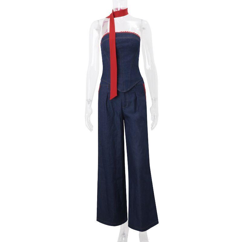 INS Fashion Style 2024 Autumn New Arrival Fashion Stylish Denim Tube Top Vest Female Loose-Fitting Wide-Leg Trousers Suit