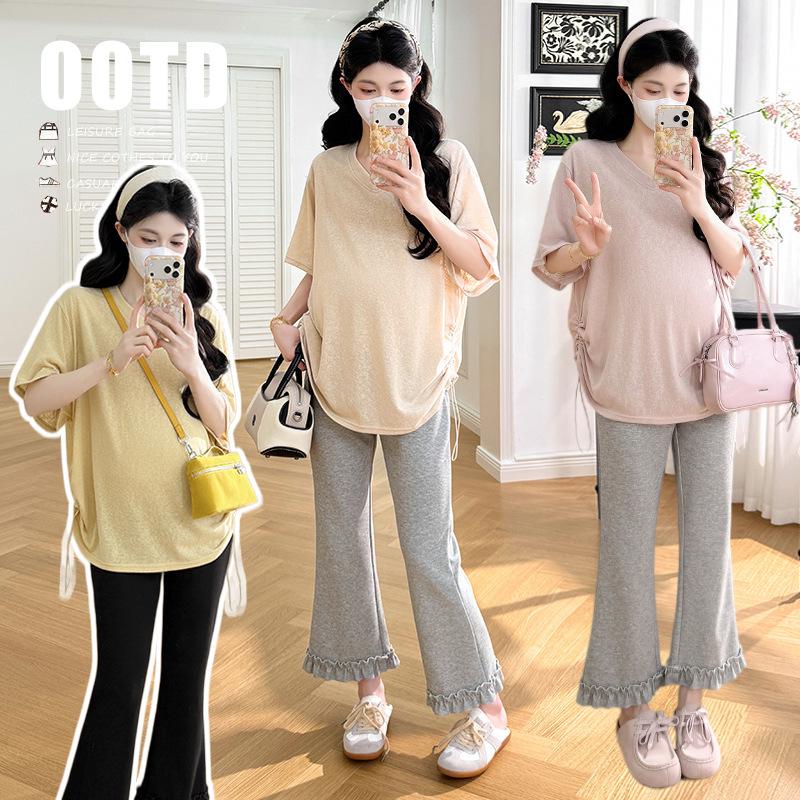 

Korean Style Maternity Short Sleeve T-shirt with Side Drawstring, Loose Belly Covering, Breathable, Plus Size Top XL
