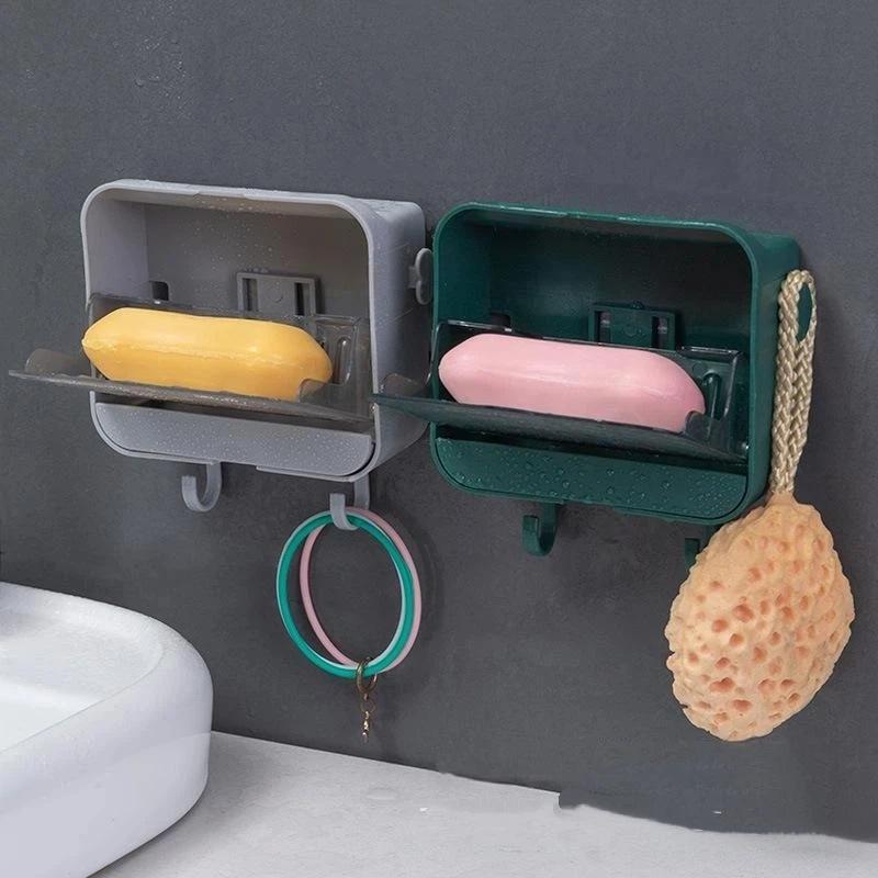 Toilet Dust-Proof Belt Cover Drain Soap Box, Wall Mounted Seamless With Hook Soap Storage Rack