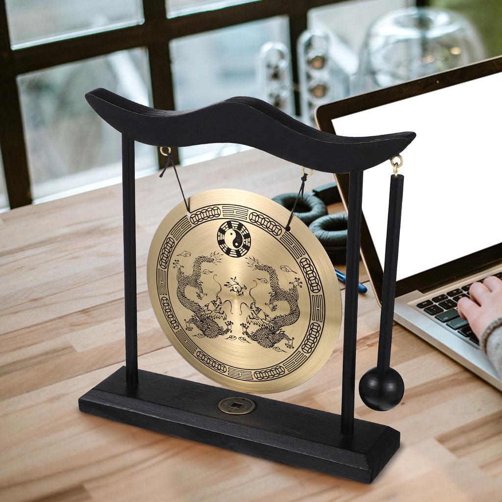 Copper Gong With Mallet Sturdy Handicraft Vintage Pattern Brass nament Desktop Figurines Miniatures Chinese