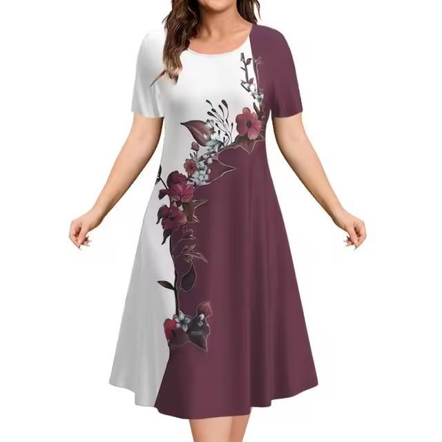 Elegantes Damen-Mode-Midikleid mit kurzen Ärmeln und 3D-Druck, Übergröße, Strandbekleidung