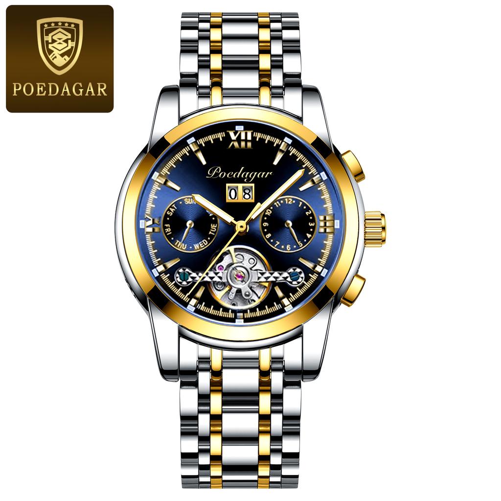 POEDAGAR Automatische mechanische Herrenarmbanduhr Hohl-Tourbillon Edelstahl-Uhr Wasserdicht Leuchtend Datum Uhren