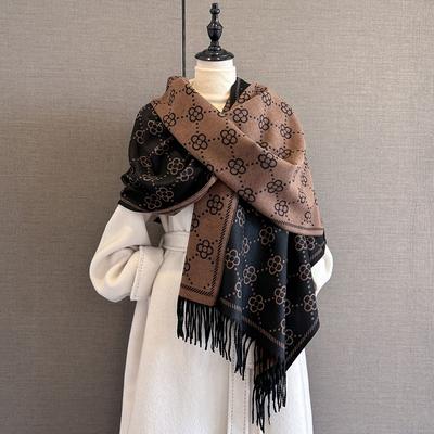 Luxury Warm Cashmere Scarf Women Winter Wraps Shawl Double-Sided Floral Print Pashmina Bufanda Travel Poncho Stoles Echarpe