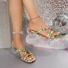 Plus Size New Summer Square Heel Sandals Square Toe Colorful Cross Slim Strap Crystal High Heel Slippers