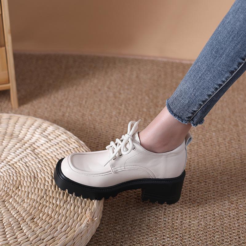 Women's 8cm Height-Increasing Leather Loafers - Chunky Heel, Lace-Up, Square Toe, Spring/Autumn Style