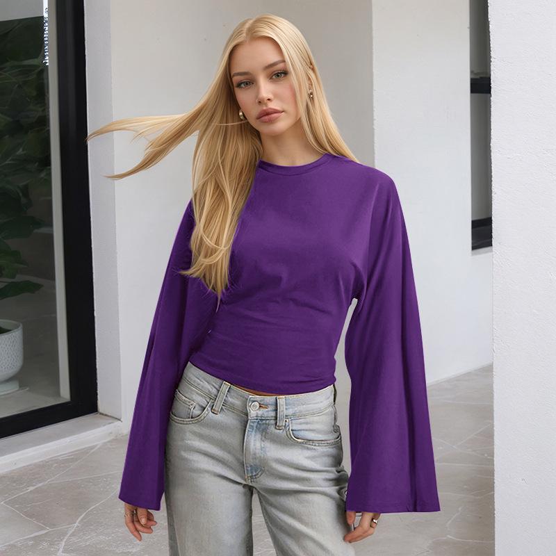 Y25TP201 European and American Women's Solid Color Round Neck, Wide Sleeve, Cinched Waist Sexy Long Sleeve Top