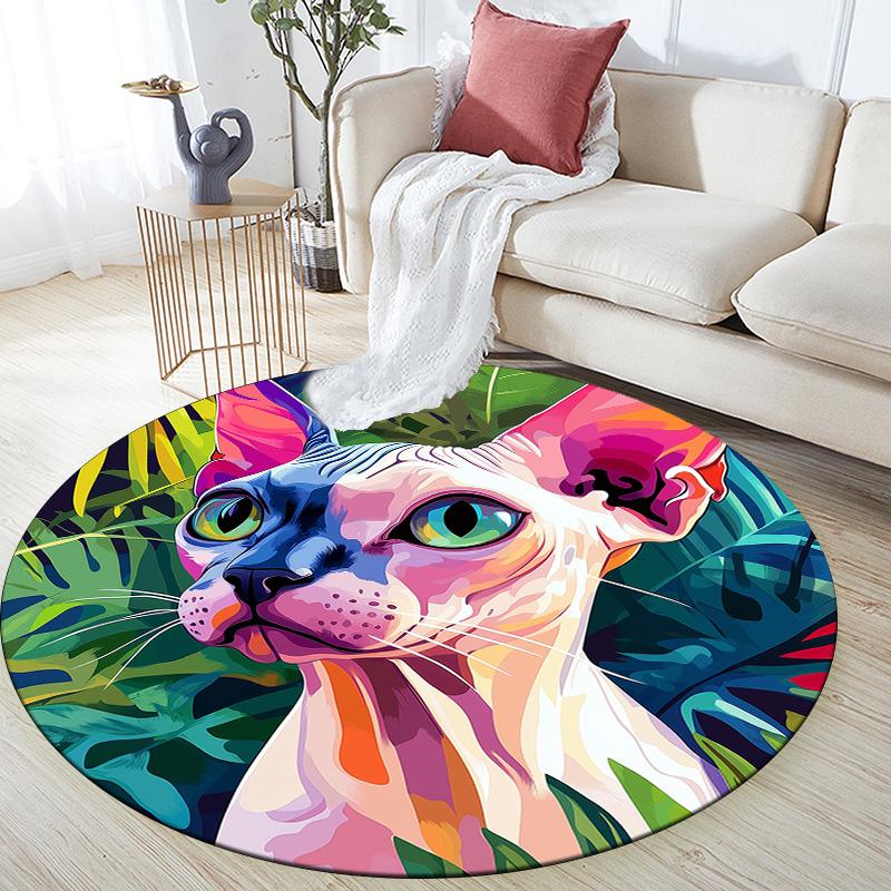 Sphynx Cat In Grass,Round Area Rug,Carpet Rug for Living Room Bedroom Sofa Playroom Decor,Non-slip Floor Mat