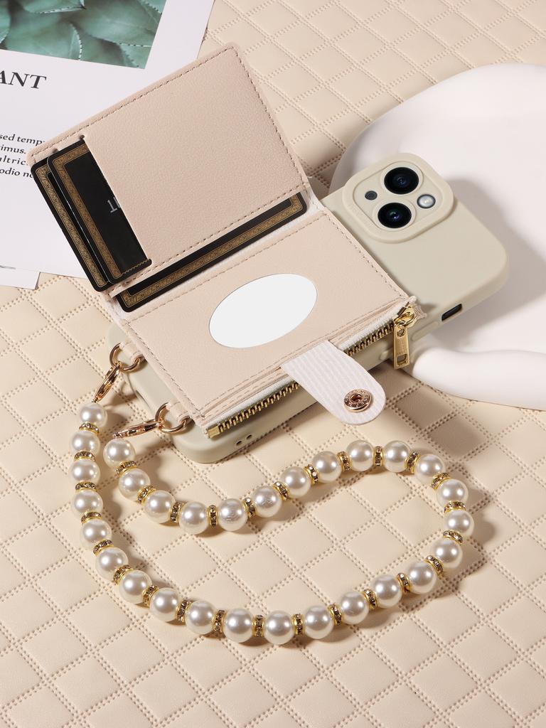 Stylish Mirror Zipper and Pearl Cord Phone Case for IPhone16 15 14 Pro Pro Max Plus Phone Case,Faux Leather