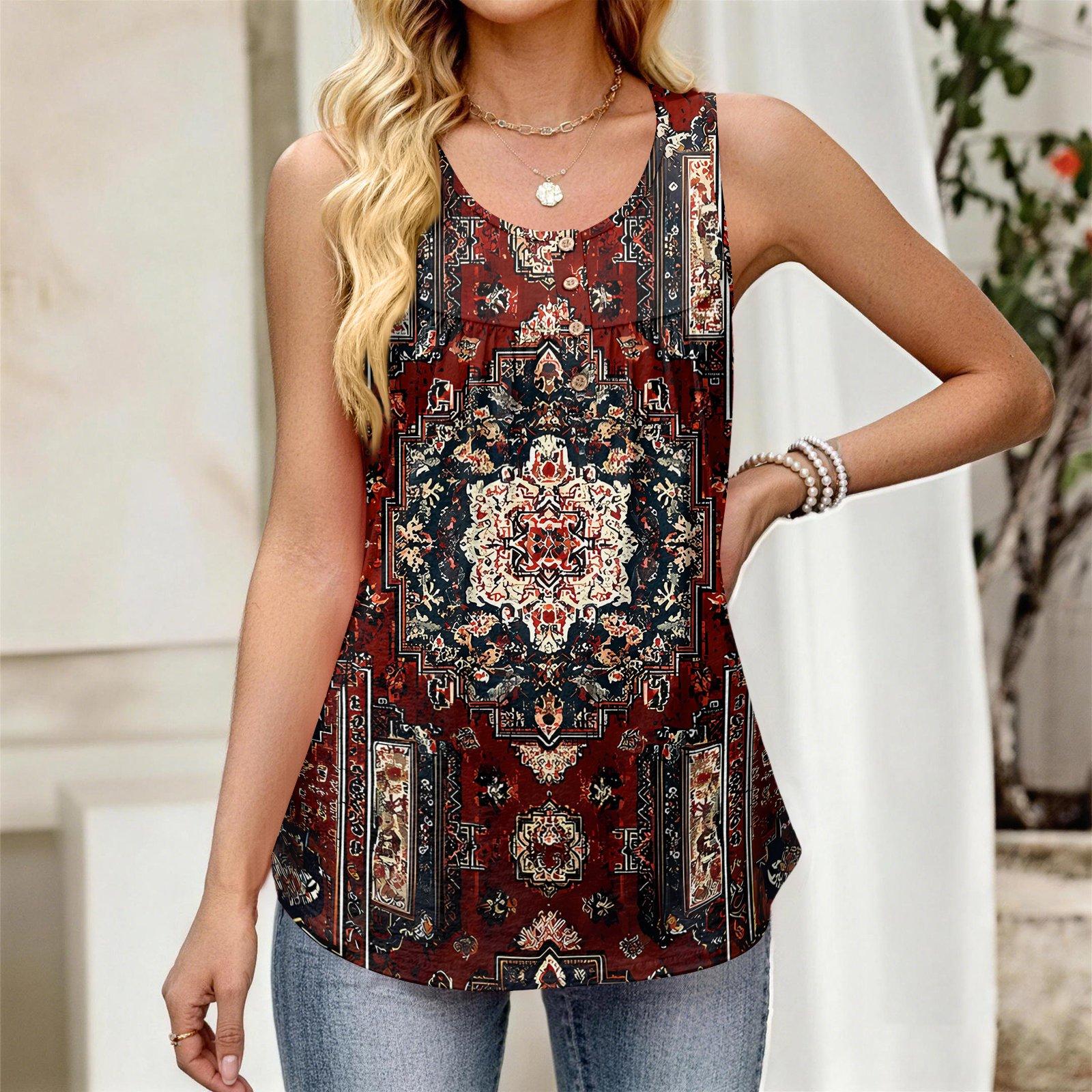 

Sleeveless Floral Print Tank Top for Women Casual Round Neck Lightweight Summer Blouse Button Front Loose Fit Shirt XXL