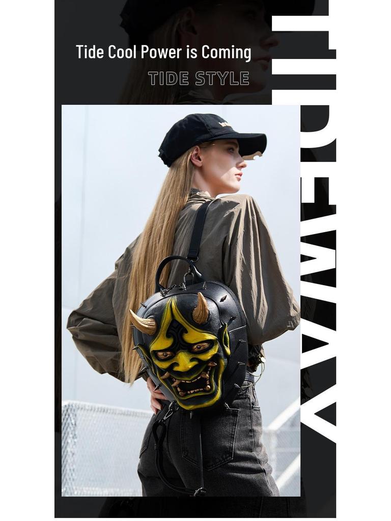 Punk Style Rivet Backpack with Prajna Mask Design for Men & Women