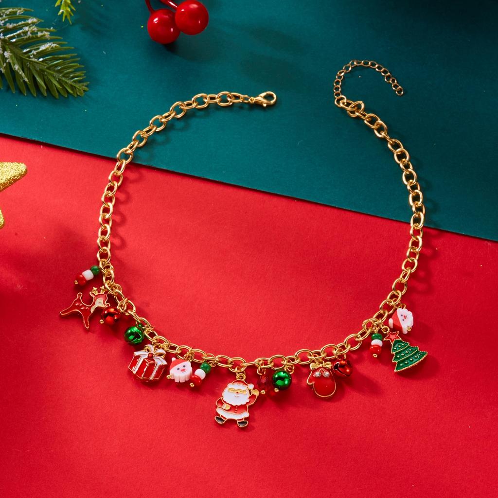 Christmas Santa Claus Sock Candy Bell Necklace Cute Deer Snowman Wreath Xmas Tree Pendant Choker For Women Men Festival Jewelry