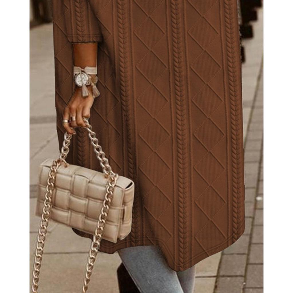 Dámský ležérní dlouhý kardigan s kapucí a kapsami - béžový, kulatý výstřih, dlouhý rukáv, podzimní/zimní móda, vrstvení, mikina svetr