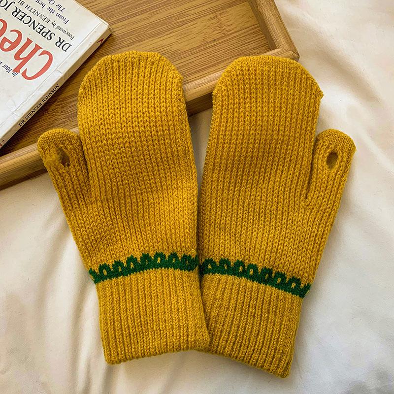 

Теплые перчатки для сенсорного экрана для женщин, стиль Ins, симпатичные однотонные вязаные шерстяные перчатки, для велоспорта, защита от холода, утечка пальцев, контрастные цвета, Корея One Size