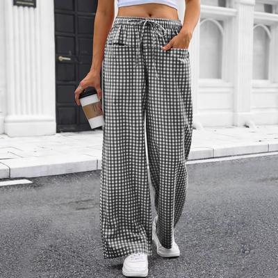 Women's Summer Gingham Wide Leg Pants Drawstring Pocket Trousers