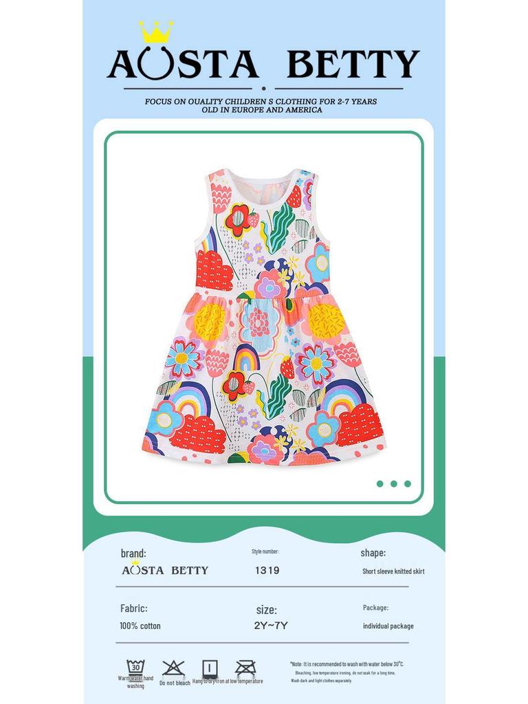Mädchen Strickkleid im europäischen und amerikanischen Stil mit Cartoon-Print, Puffärmeln und Rundhalsausschnitt