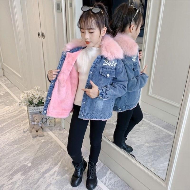 Girls' Jackets Autumn and Winter Models Children's Denim Plus Velvet Thick Winter Cotton Clothes CUHK Children