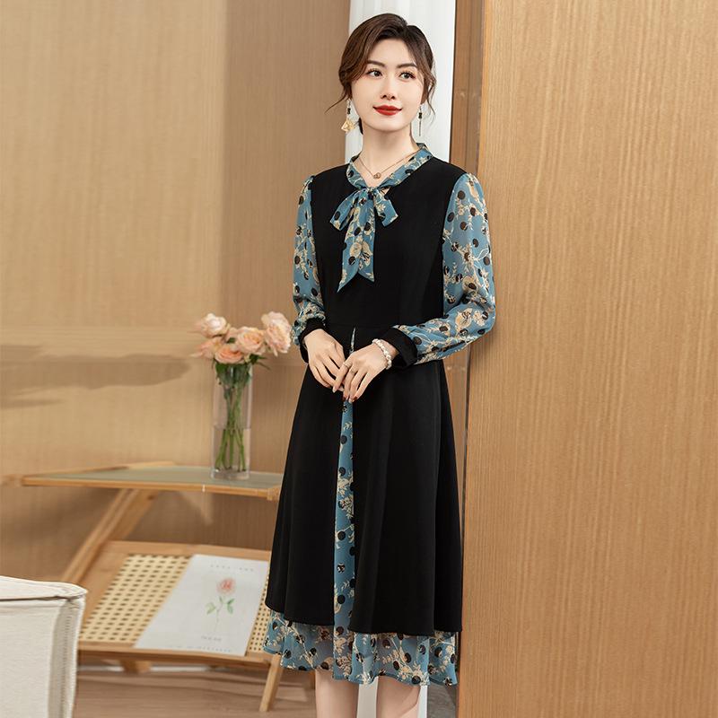 Elegant Floral Ruffle Collar Midi Dress - Long-Sleeve, Fake Two-Piece, Plus Size, Spring/Autumn Fashion for Middle-Aged Women