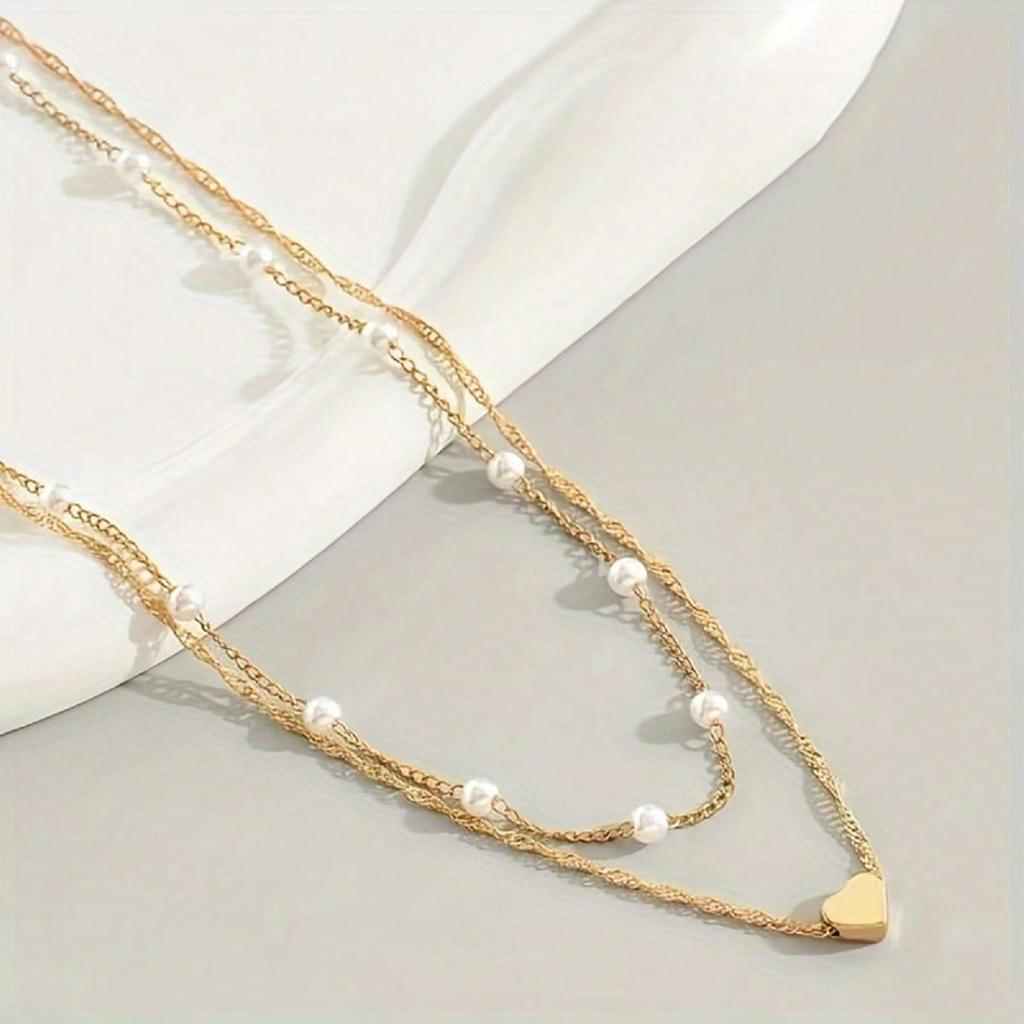 2 Elegant Vintage Style Imitation Pearl Heart Pendant Layered Necklaces - Suitable for Daily Wear, Best Gift for Friends and Best Friend