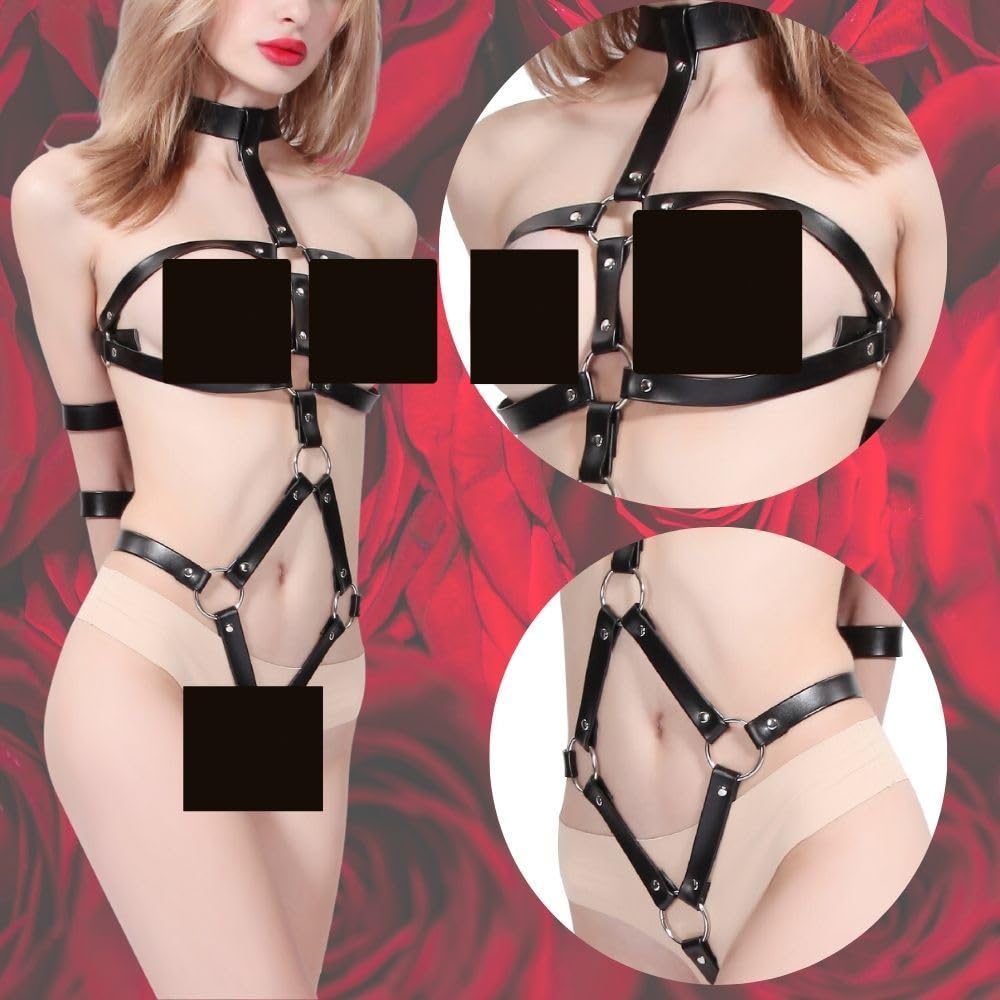 MONEON Bondage Restraints BDSM Cosplay Training Eye Mask Faux Leather Extreme Costume Play Harness, Goods, Supplies, Included, 3-Piece Set, Handcuffs,