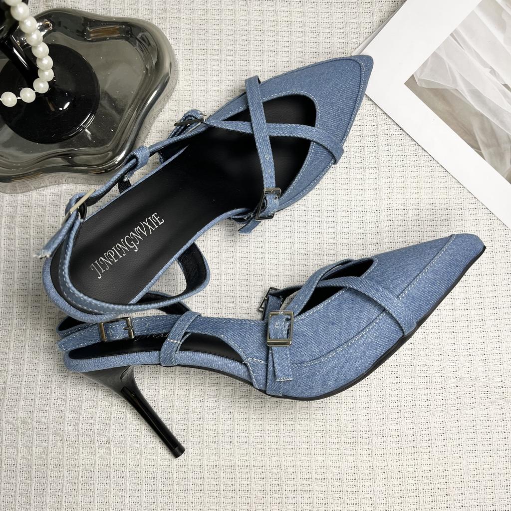 2025 New Women's Jeans Heeled Sandals Pointed High Heel Office Lady Shoes Beautiful Women High Heels  Shoes  Sandalias Mujer