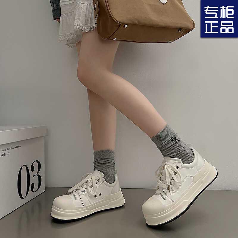Muffin giant cute round head color matching lace-up big head shoes women's new thick-soled height-increasing versatile casual board shoes