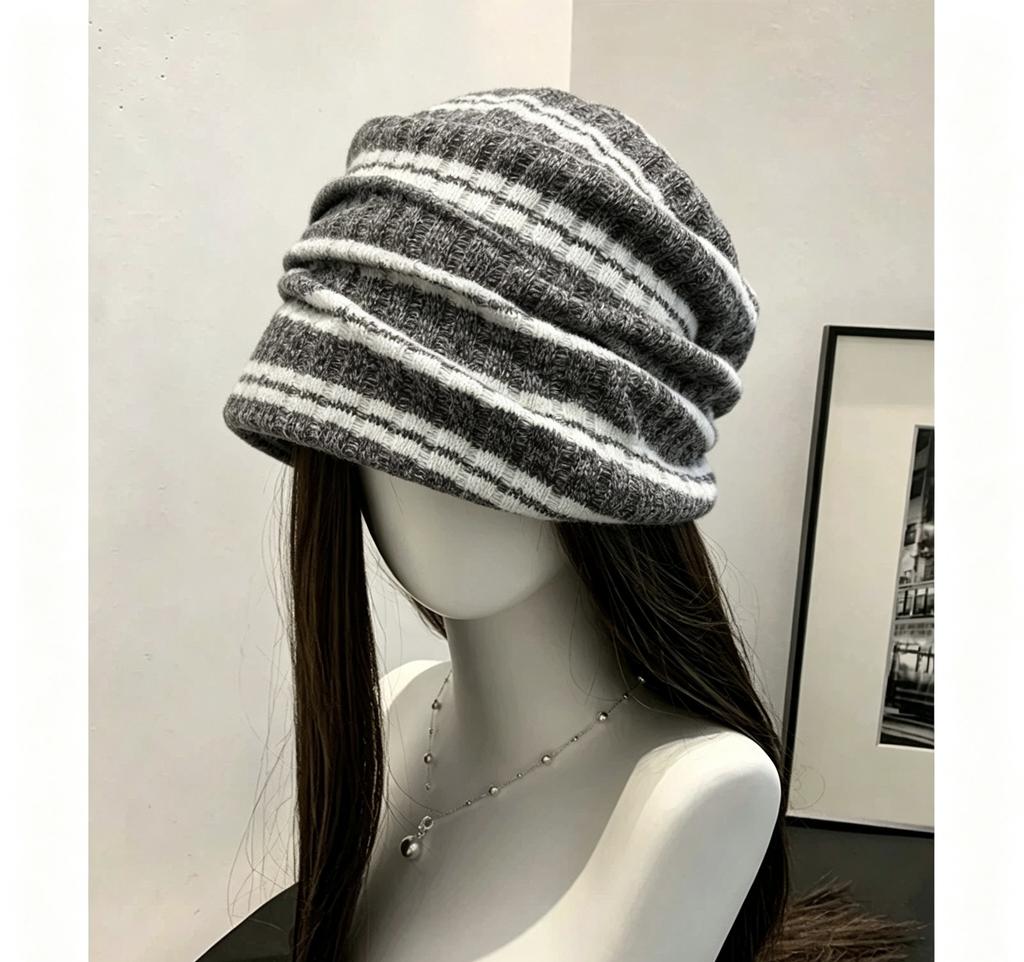 Japanese Yamamoto Style Pleated Striped Stack Hat Early Autumn Knitted Hat Street Fashionable Plain Face Small Pullover Hat