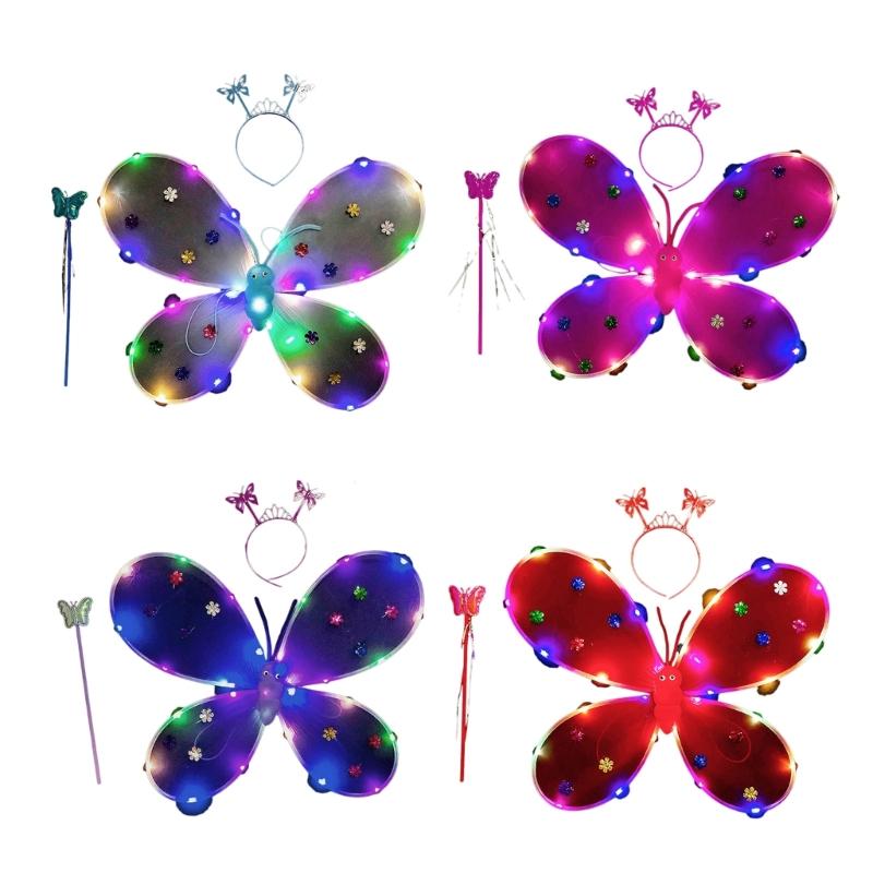Three Piece Set LED Performance Costume Light Up Wing Sparkles Butterfly Fairy Angel Wing Girls Party Dress Up Cosplays