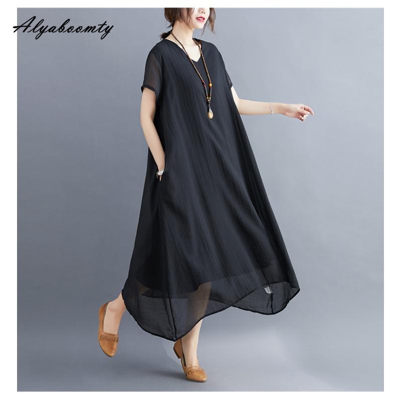 Korean Style Plus Size Summer Women Midi Dress V Neck Black White Pink Blue Yellow Orange Loose Dress Short Sleeve Casual Basic Ladies' Dress