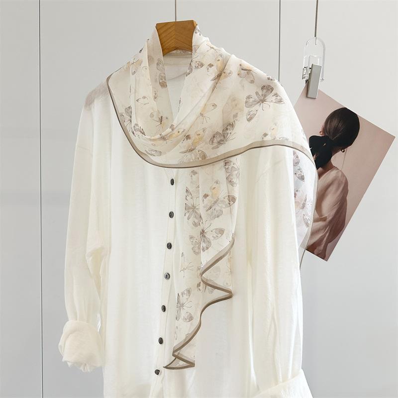 French ink butterfly silk long scarf mulberry silk georgette thin breathable versatile gentle wind decorative silk scarf batch