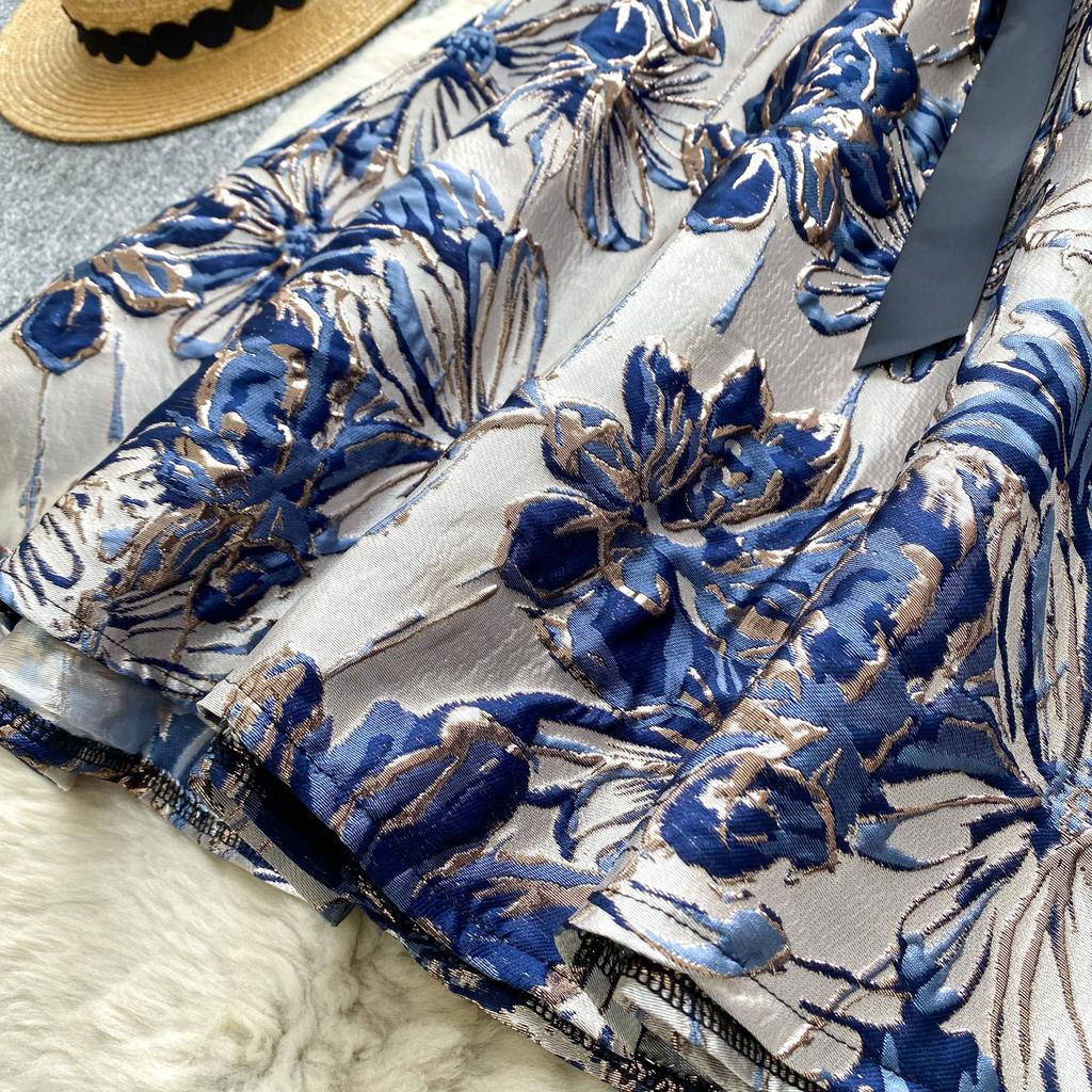 Summer Women French Elegant V-neck Short Sleeve Vintage Jacquard Flower Lace Patchwork Party Lace-up Ball Gown Dresses