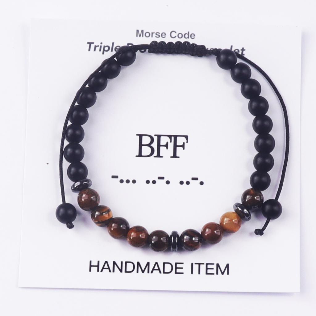 Woven Morse Code Bracelet 6mm Tiger's Eye Stone Black Frosted Code Bracelet Tiger's Eye Stone Morse Code Bracelet