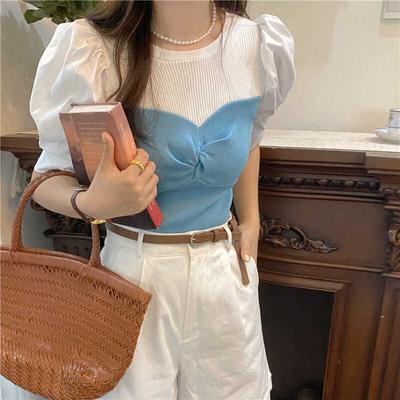 Summer Short Sleeved Women's Tops New Slim Temperament Spliced Contrasting Color Short Knitted Sweater Trend