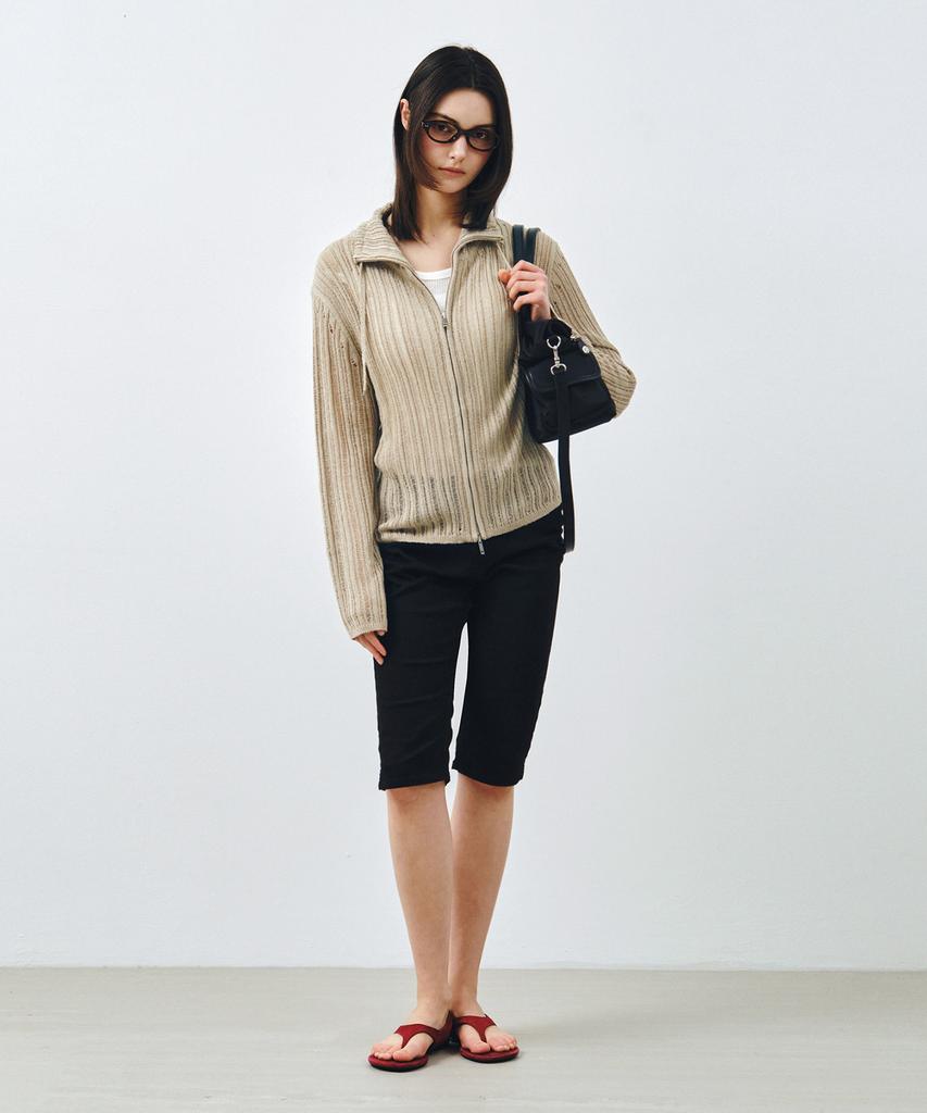 Mongdol Sheer Texture Knit Zip-Up Cardigan Beige Mdcd055Beige