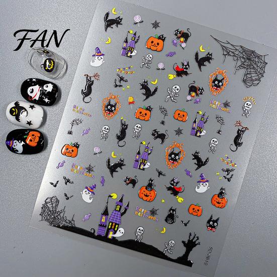 Halloween Theme Nail Decals Art Stickers, 5D Embossed Skull Pumpkin Ghost Parties Stickers Decals, Waterproof Self Adhesive Manicure Decoration