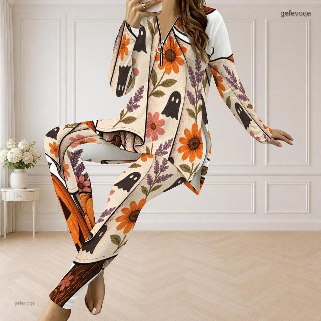Women Plus Size Two Piece Set Half Zip Long Sleeve Top And Fitted Long Pants Sloth Floral Print