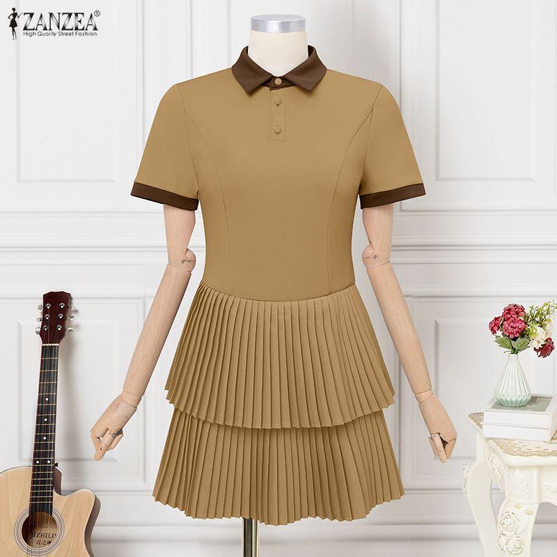 ZANZEA Women Summer Casual Short Sleeve Splice Polo Dress