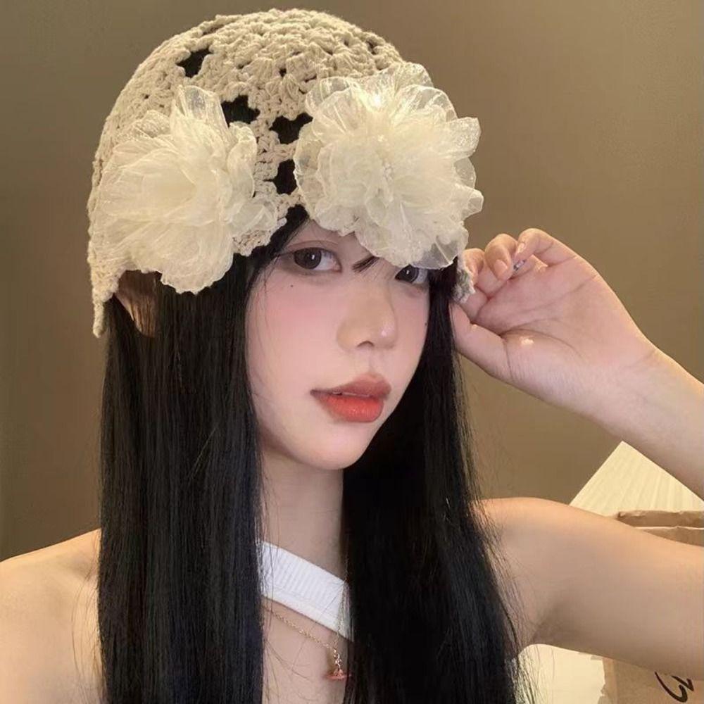 Retro Pearl Hollowed Out Knitted Hat Floral Thin Bohemian Style Beanies Korean Elegant Weave Cap Outdoor