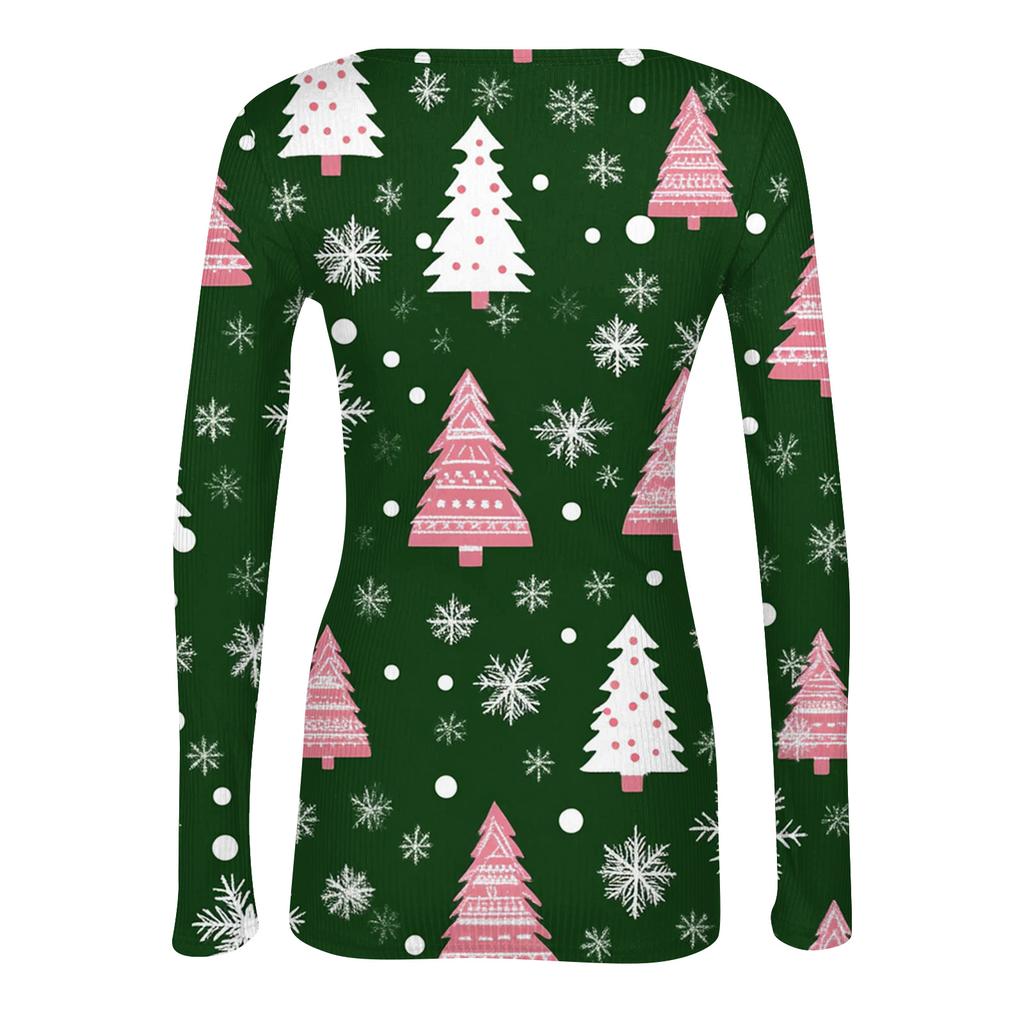 Women's Fashion Slim-Fit Round Neck Base Layer T-Shirt Christmas Print Long-Sleeved Top