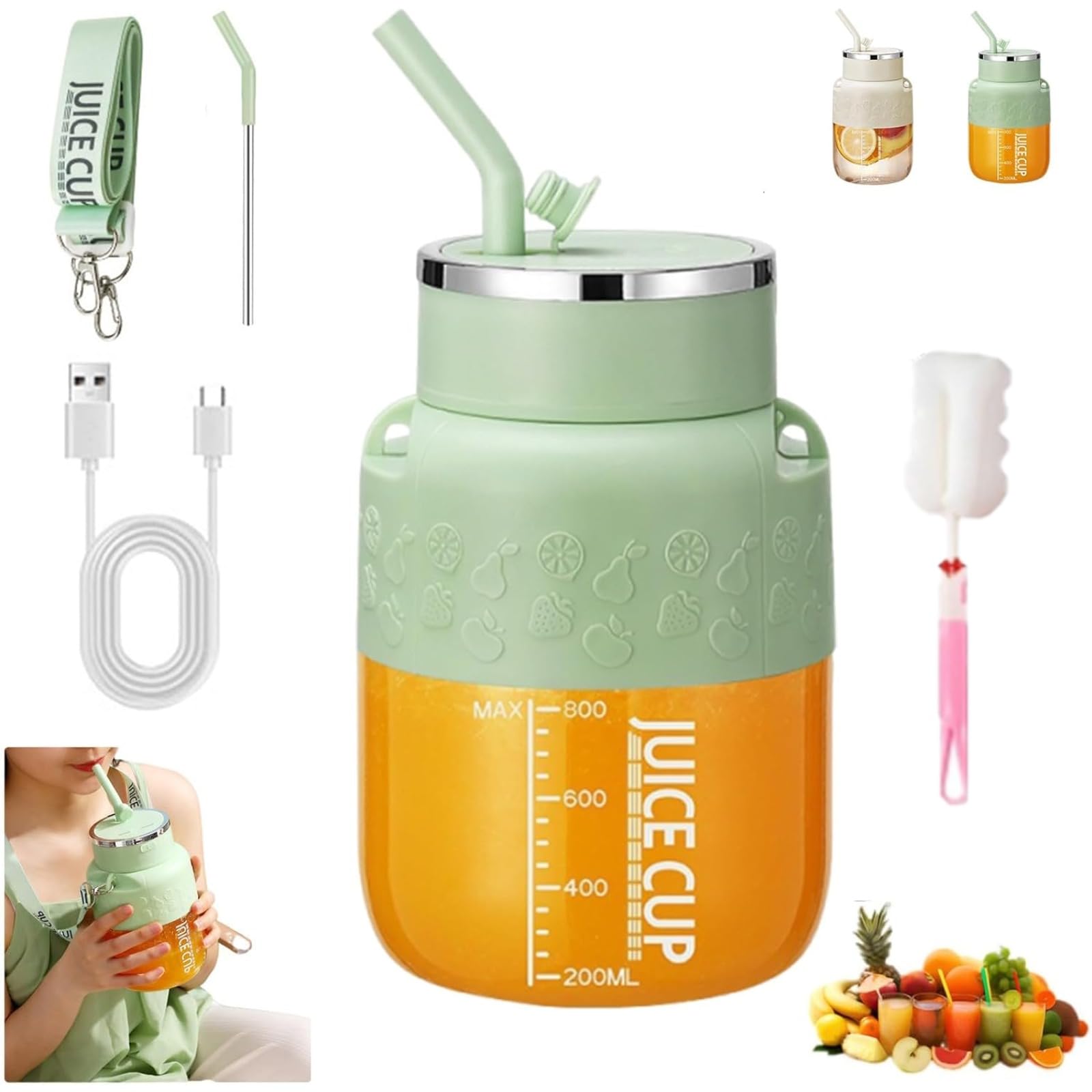 

800 Portable , With Straw And Crossbody Strap, Cordless Portable , Double-Click Quick , For Smoothies Bottle,Juices And Shakes One Size зелёный