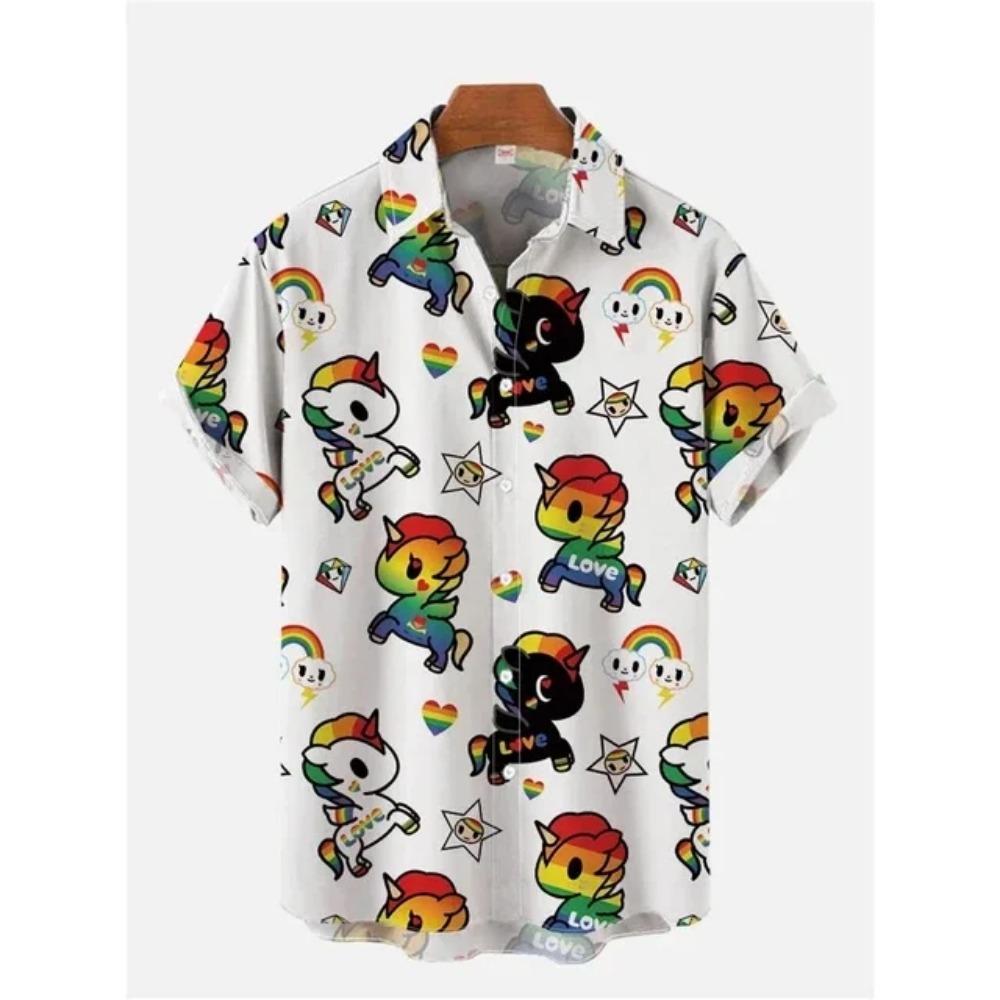 

Rainbow Pony Print Men s Short Sleeve Shirt 2026 Hawaiian Comfortable Beach Large Size Loose Men s Tops Fashionable Men s Shirts S