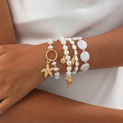 Temperament Baroque Imitation Pearl Beaded Bracelet, Ocean Wind Starfish Shell Coconut Pendant Jewelry