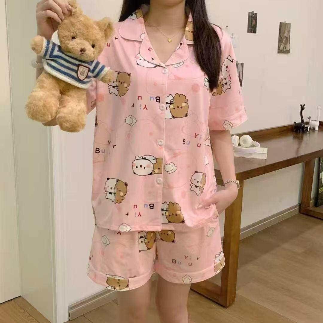 

Women s Summer Cotton Pajama Set - Cute Short Sleeve & Shorts with Lapel M