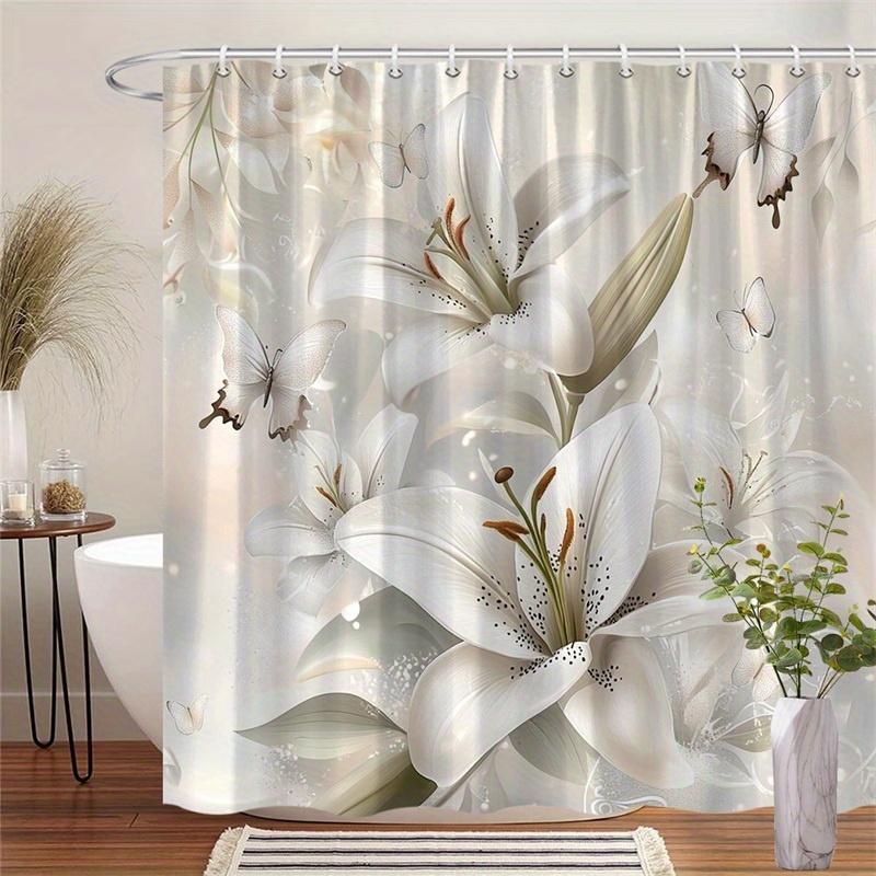 1pc Elegant White Lily and Butterfly Shower Curtain - Dreamy Romantic Style, Machine Washable Polyester for Bathroom